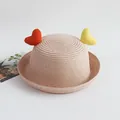 Cute kids straw sun hat with decorative hearts and a round rolled brim in beige - Yellow Orange Heart / Pink / One Size