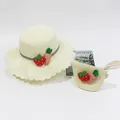 Kids cream straw hat and matching shoulder bag set with strawberry and carrot charms - Kids Hat / Strawberry Carrot - Creamy White