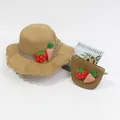 Kids khaki straw sun hat and matching crossbody bag set with strawberry and carrot patches - Kids Hat / Strawberry Carrot - Khaki