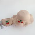 Set cappello di paglia e borsa a tracolla per bambine con ciliegie in maglia e pizzo decor - Solo Borsa / 12x14cm / Ciliegia in maglia - Rosa chiaro