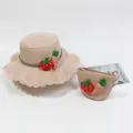 Pink straw sun hat and matching bag set with strawberry and carrot decors for girls - Kids Hat / Strawberry & Carrot - Pink