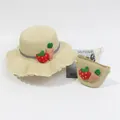 Kids straw sun hat and matching mini bag set with strawberry carrot charms in beige - Kids Hat / Strawberry & Carrot - Beige