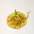 Detail of yellow cotton baby sun hat featuring strawberry print and leaf top ornament - Kids (50cm) 1-3Y / Yellow