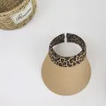 Macro view of woven straw sun hat texture with leopard print trim and floral prop - M (56-58cm) / Khaki