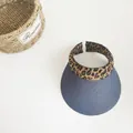 Top-down view of blue straw sun visor with leopard print headband and flower basket prop - M (56-58cm) / Navy Blue