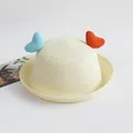 Kids cream straw sun hat featuring cute blue and orange 3D knitted heart decorations - Blue Orange Heart / Cream / One Size
