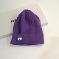 Deep purple cable knit beanie with vertical ribbing and a stylish VE. letter patch - M (56-58cm) / Purple