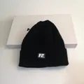 Classic black cable-knit beanie featuring a purple rectangular woven patch with VE text - M (56-58cm) / Black