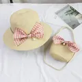 Children's summer straw hat and matching bag set with plaid bows and pearl charms - Size S - Children (52cm) / Single Hat / Pearl Bow - Beige