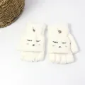 White knitted convertible flip top gloves with cute rabbit embroidery for winter warmth - White