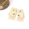 Cream knit convertible flip-top mittens with cute watermelon embroidery and button - Watermelon / Beige