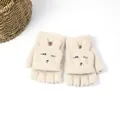 Cream knit convertible flip-top gloves with cartoon bunny design for winter warmth - Beige
