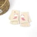Beige gebreide handschoenen met flap, roze kattenpatroon en knoopsluiting voor meisjes - Eén Maat (12 Jaar en Ouder) / Beige