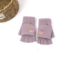 Purple knitted flip-top gloves for women featuring cute apple embroidery and button detail - Purple