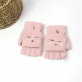 Pink knitted convertible mittens with cute cartoon rabbit embroidery for winter warmth - Pink