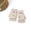Grey knit fingerless gloves with yellow pineapple embroidery and convertible flap top - Khaki