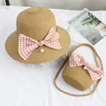 Set cappello di paglia estivo e borsa a tracolla per bambini con fiocchi rosa - Solo Borsa / 12x14cm / Fiocco di perle - Cachi