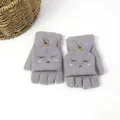 Kids grey knitted convertible gloves with cute bunny ears and soft plush texture - Gray