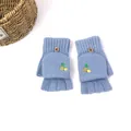 Light blue knitted convertible gloves with yellow pineapple embroidery and wood buttons - Sky Blue