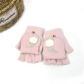 Pink knitted convertible flip top gloves with cute cat design and wooden button detail - One Size (Ages 12+) / Light Pink