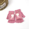 Pink plush flip top mittens with cute white cat design and button detail for women - One Size (Ages 12+) / Dusty Rose