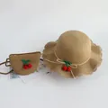 Set cappello di paglia kaki per bambini e borsa a tracolla con ciliegie e pizzo - Solo Borsa / 12x14cm / Ciliegia in maglia - Cachi