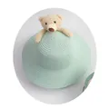 Mint green children straw sun hat featuring a cute plush bear decoration on top - Wide Brim Single Hat / Light Blue