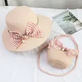 Set cappello di paglia rosa e borsa a tracolla con fiocco a quadri e perla decorativa - Solo borsa (circa 12x14cm) / Fiocco di perle artificiali - Rosa chiaro
