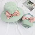 Set cappello di paglia e borsa verde menta per bambina con fiocco a quadretti e perla - Solo borsa (circa 12x14cm) / Fiocco di perle artificiali - Verde chiaro