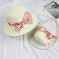 Set cappello di paglia e borsa a tracolla per bambina con fiocchi rosa e perle - Solo borsa (circa 12x14cm) / Fiocco di perle - Crema