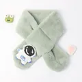 Soft faux rabbit fur green kids scarf with cute astronaut embroidery patch for winter - Astronaut Style / Dark Green / 75*10cm