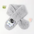 Plush grey faux rabbit fur scarf for kids featuring a 3D astronaut patch and cross-loop - Astronaut Style / Gray / 75*10cm