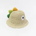 Sombrero de paja beige para niños con púas de dinosaurio y detalles de ojos - S Niños (49-52cm Ajustable) / Beige