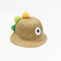 Sombrero de paja caqui para niños con ojos de dinosaurio y detalles coloridos de ganchillo - S Niños (49-52cm Ajustable) / Caqui