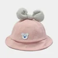 Pink cotton baby bucket hat with large grey bow and white polka dots design - 1-3 Years (48-50cm) / Pink