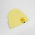 Hellgelbe Strickmütze für Kinder mit Rippenmuster und Smiley-Logo-Aufnäher - Einheitsgröße (48-52cm) / Leuchtgelb