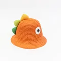 Sombrero de paja naranja para niños con diseño de dinosaurio y espinas verdes detrás - S Niños (49-52cm Ajustable) / Naranja