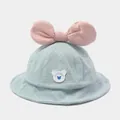 Infant girl sun hat in light blue polka dot fabric with a large pink decorative bow - 1-3 Years (48-50cm) / Blue