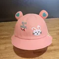 Pink cotton fisherman hat for kids with cute bunny embroidery and 3D bear ears - Toddler One Size / Orange Pink