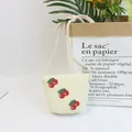 Kids cream woven straw crossbody bag with cute 3D cherry embroidery and cotton strap - Size S (52cm) / Single Bag / 12x14cm / Cream