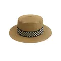 Flat top straw boater hat with black and white checkerboard band for sun protection - S / Khaki