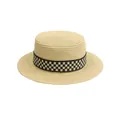 Detailed close-up of woven paper straw texture and black and white checkered ribbon band - S / Beige