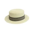 Detail of flat-top straw boater hat featuring a black and white checkerboard ribbon - S / Cream