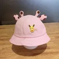 Pink cotton fisherman hat for kids featuring cute 3D giraffe horns and deer detail - One Size / Light Pink