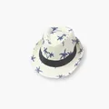 Cream straw fedora for kids with blue palm tree prints and black ribbon trim - S / Off-White
