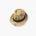 Kids beach straw fedora hat featuring dark palm tree prints and a black ribbon band - S / Khaki