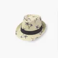 Beige sun straw fedora hat for kids with blue palm tree patterns and black ribbon - S / Beige
