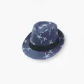 Kids navy blue fedora straw hat with white palm tree prints and a black band decoration - S / Blue