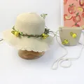 Kids' beige straw hat and matching crossbody bag set with cute bee decorations - Adult Set / Beige