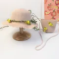 Pink kids straw hat and matching crossbody bag with cute bee and green leaf decor - Adult Set / Pink